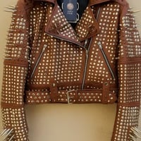 Crafted Leather Men Classy Women Dark Brown Leather Studded Jacket with Silver Studs and Spikes - Thumbnail 1