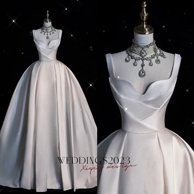 Sexy Sleeveless Satin A line Ball Wedding Dresses with Train