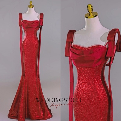 Lovely sequined mermaid sheath floor length red bow prom dresses 