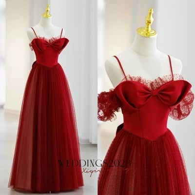 Red spaghetti straps floor length satin and tulle ,lace with removeled sleeves evening dress 