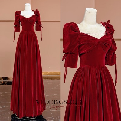 Red velvet short sleeves pearl and bow floor length backless back evening dress