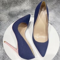 New denim stitching white heels pointed sexy slip-on shoes  - Thumbnail 3