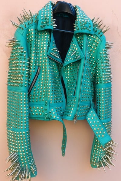 Crafted Leather New Classic Awesome Handmade Women's Viridian Green Leather Studded Brando Metal Spiked Leather Round Studs Jacket