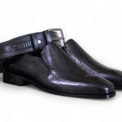 Crafted leather classic black calf / crocodile alligator moccasin loafers dress shoes with matching belt