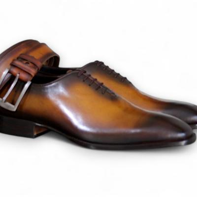 Crafted leather men brown patina leather oxford lace up dress shoes with matching belt