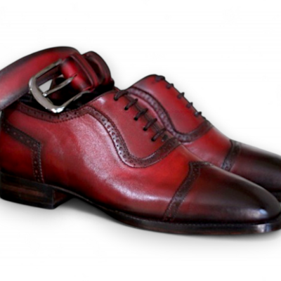 Crafted leather men burgundy leather wingtip oxford lace up dress shoes with matching belt