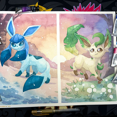 Original glaceon & leafeon watercolor painting