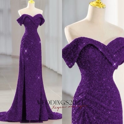Lovely Sweethear Neck Strapless Sequins Purple Slit Prom Dress