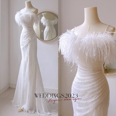 Ivory mermaid feather wedding dress, modern bridal gown with sequin, strapless bridal robe