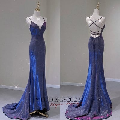 Spaghetti strap prom dress for teens mermaid long evening dress v neck sparkly cocktail ball gowns