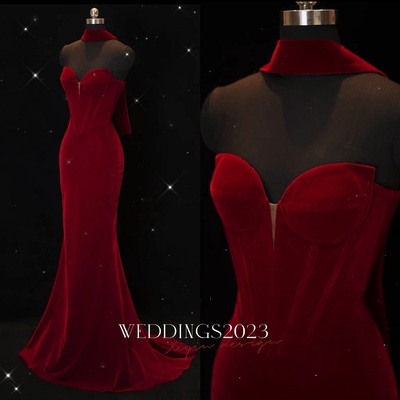 Lovely sweetheart neck strapless velvet mermaid floor length long eveing dress