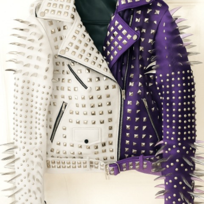 Crafted leather new handmade women's punk full long spiked studded brando purple black adorable leather jacket
