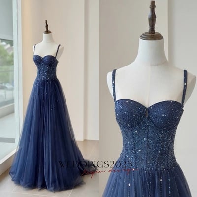 Chic a-line shiny dark navy long prom dresses,blue tulle beaded long formal dress, gorgeous evening dress