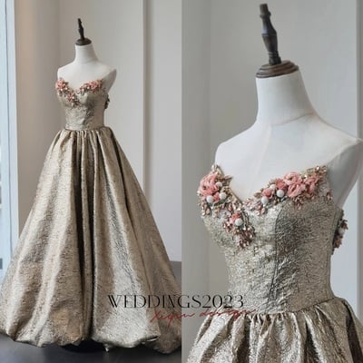 Champagne jacquard strapless prom dresses floral strapless quinceanera dresses