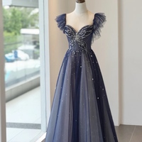 Navy Blue Prom Dress Sweetheart Neckline A-Line Long Sleeve Shiny Banquet Bridesmaid Evening Gown with Beaded Tulle Prom Dress - Thumbnail 1