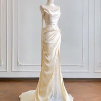 Simple Mermaid Champagne Long Prom Dress, Champagne Evening Dress with Lace - Thumbnail 2