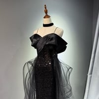 Black Sleeveless Sequined Tulle Long Prom Dress with Ruffles, Mermaid Party Gown  - Thumbnail 2