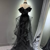 Black Sleeveless Sequined Tulle Long Prom Dress with Ruffles, Mermaid Party Gown  - Thumbnail 4