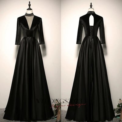 Black Prom Dresses A-Line / Princess High Neck 3/4 Sleeve Backless Floor-Length / Long Prom Formal Dresses