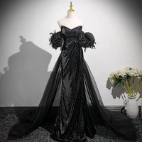 Sparkly Black Tassel Sequins Split Front Evening Dresses Trumpet / Mermaid Off-The-Shoulder Short Sleeve Backless Sweep Train Formal Dresses - Thumbnail 1