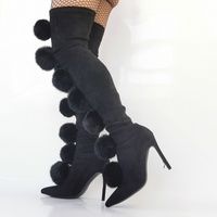 Women Pom Pom Over The Knee Boots Stretch Suede Boots Sexy Pointy Toe Slip On Ladies High Heel Boots - Thumbnail 2