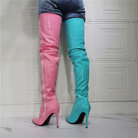Two-Tone Left Pink Right Blue Stiletto Over The Knee Boot, Fashion Cute Chill Thin High Heel Above The Knee Style - Thumbnail 4