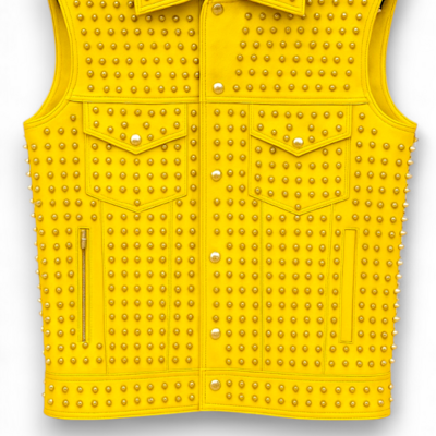 Crafted leather men yellow studded jacket punk style stylish leather vest