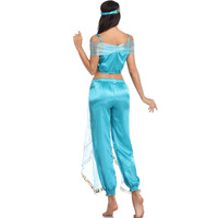 Aladdin Jasmine Princess Costume – Blue Cosplay Dress with Headwear, Top & Pants | Halloween Role Play Outfit for Women - Thumbnail 2