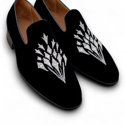 Crafted leather black velvet crystal embroidery loafers dress shoes