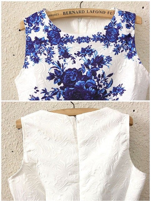 Sleeveless White Porcelain Floral Print Flare Dress