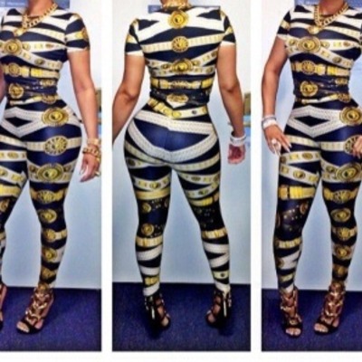 Sexy striped printed skinny polyester jumpsuit
