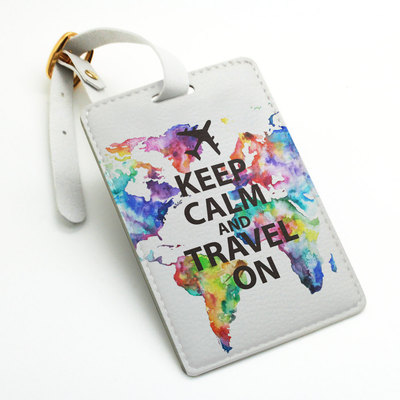 Keep calm and travel on, colorful world map, pu leather Luggage Tag Travel Tag, Bag Tag, ID Tag, travel accessories gift (L69)