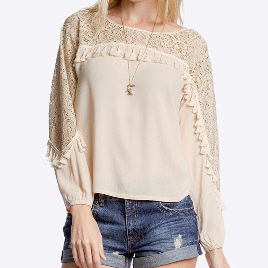 Fringe Tassel Crochet Lace Light Taupe Long Sleeve Blouse, Romantic Boho sun, sand, and stars