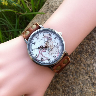 Men's / women's world map watch unisex fashion classic brown leather strap wristwatch