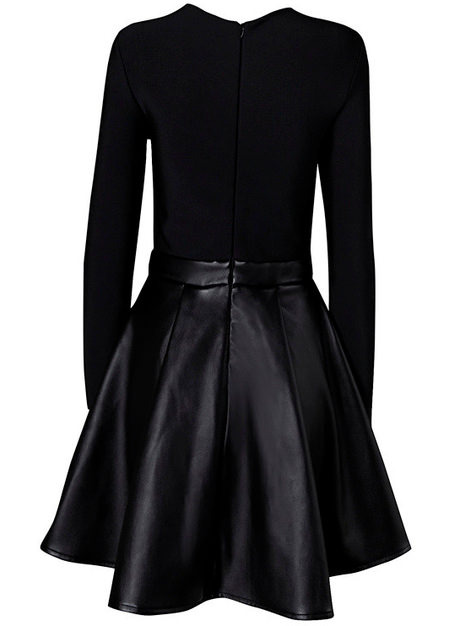 Black Long Sleeve Faux Leather Cut Out Skater Dress