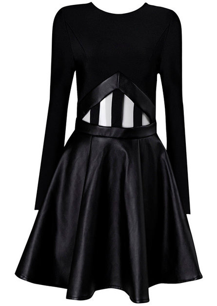 Black Long Sleeve Faux Leather Cut Out Skater Dress