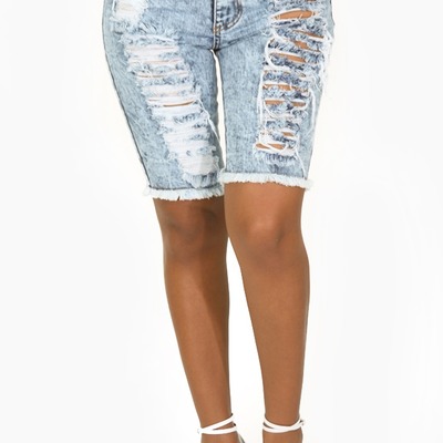 Destroyed acid wash denim shorts