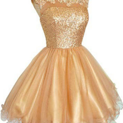 Gold tulle short prom dress,homecoming dress,graduation dress,party dress f35
