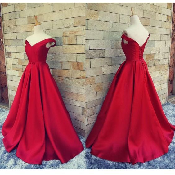 Off shoulder prom dress, red prom dress, lace up prom dress, ball gown