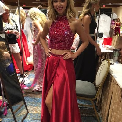 Two pieces red satin prom dresses crystals women party dresses - Thumbnail 3