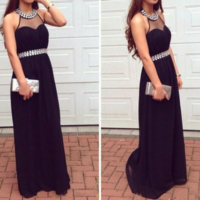 Scoop neck long chiffon prom dresses crystals floor length women dresses - Thumbnail 3