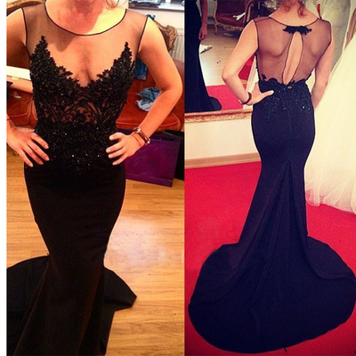 Sexy Mermaid Chiffon Black Prom Dresses Lace Appliques Women Dresses