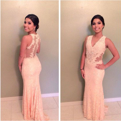 V-neck sheath lace prom dresses floor length women party dresses - Thumbnail 4