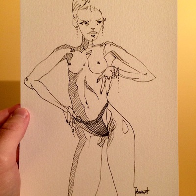 Topless and angry with a beaded bracelet