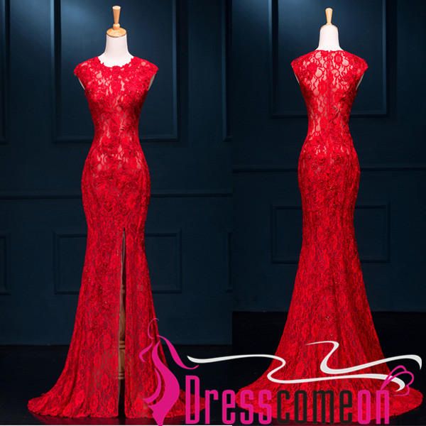 red lace mermaid prom dress