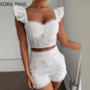 White Ruffled Lace Top and Shorts Set-1
