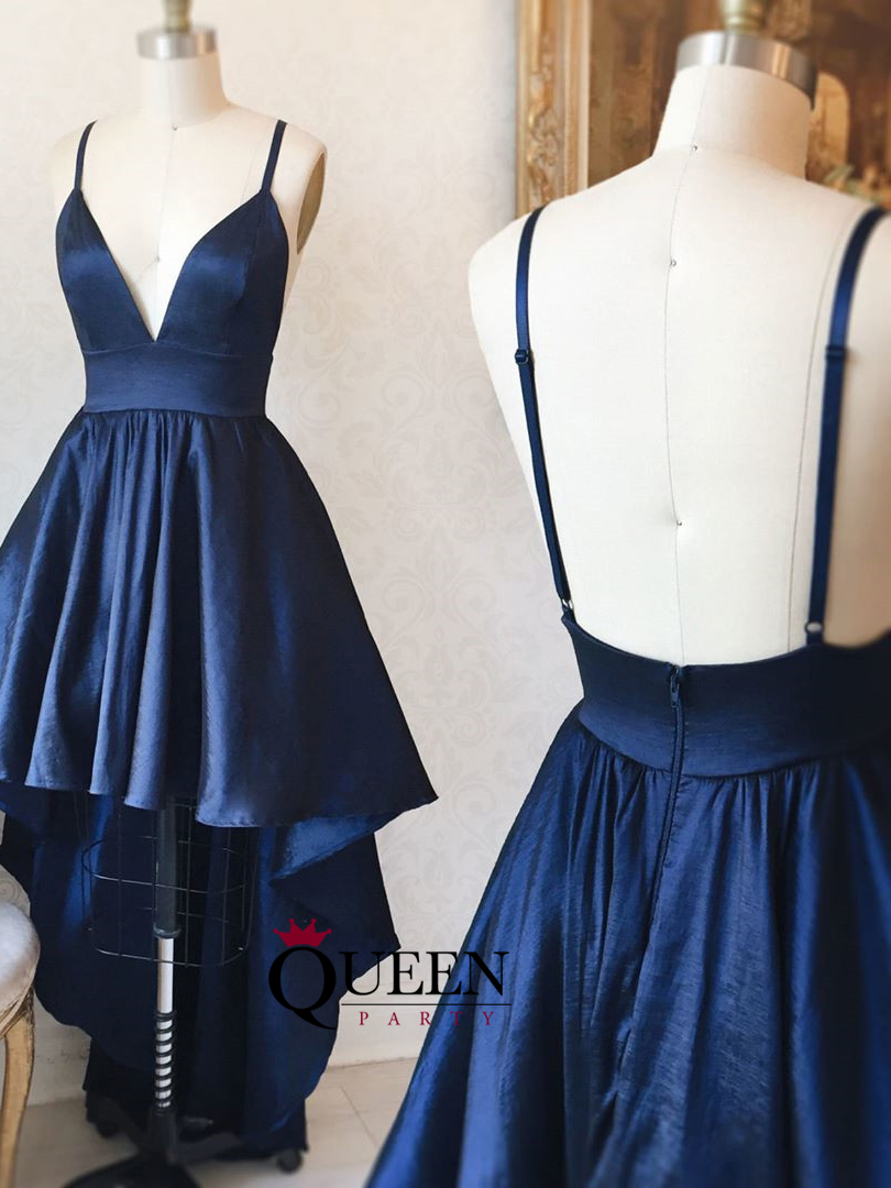 sleeveless v back high low navy blue dress