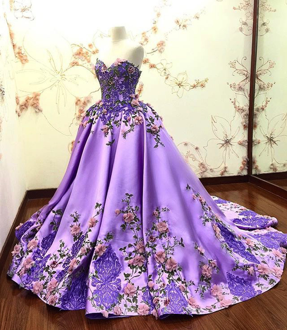 Modest light purple satin sweetheart long formal prom gown