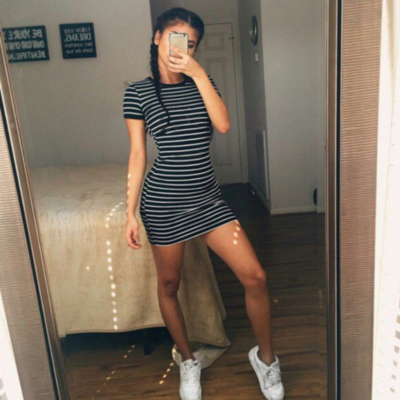 Striped round neck short-sleeved dress
